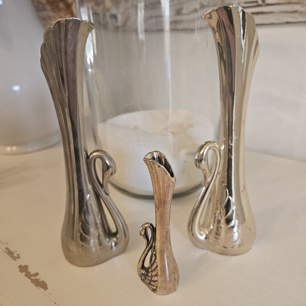 Three Silver Swan Vases + Salt &  Pepper Shaker Set